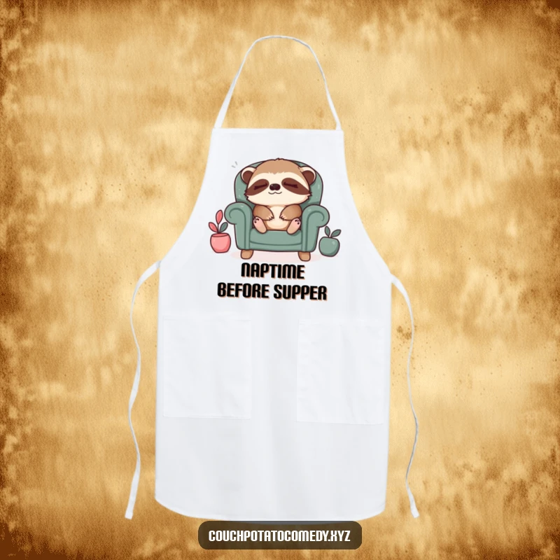 Funny sloth relaxation apron, a sleepy sloth sighing contentedly in a tiny armchair, perfect for relaxed kitchen activities.