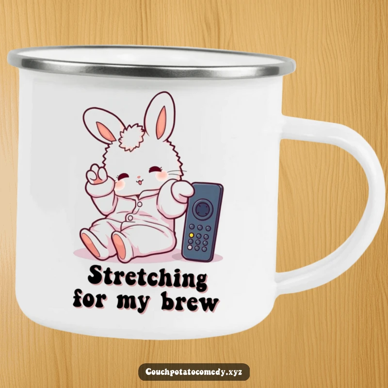 Funny camping mug featuring a fluffy bunny in oversized pajamas, lazily reaching for a remote, perfect for cozy outdoor moments.