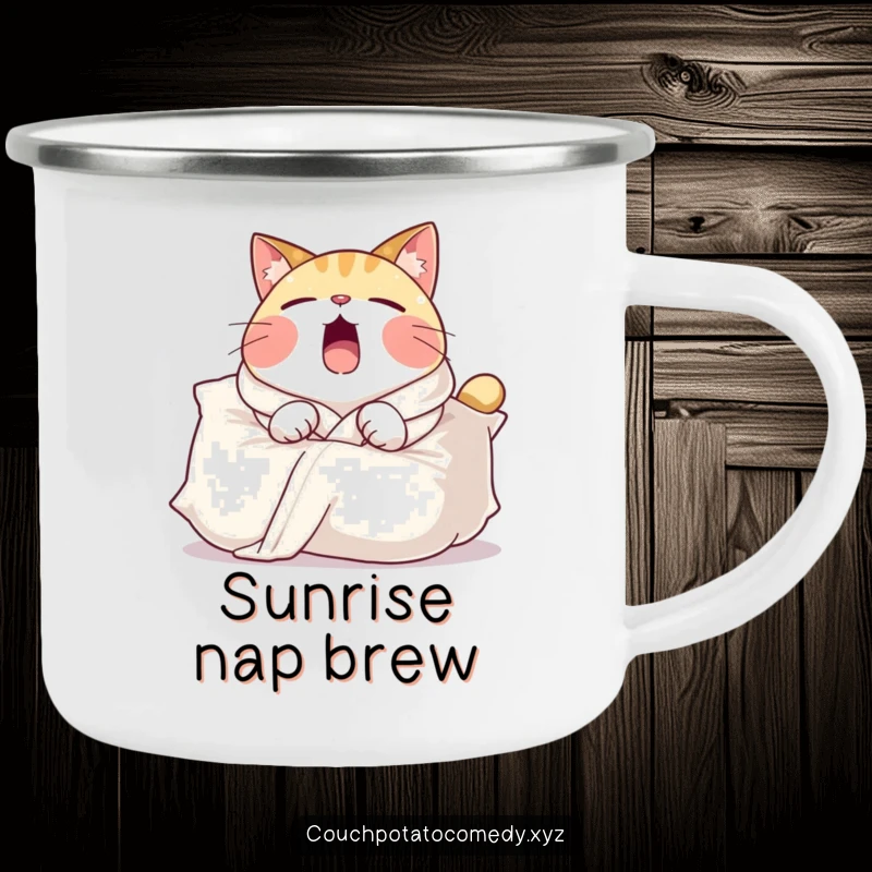Funny camping mug featuring a round cat in a comfy robe, yawning widely over a large pillow, perfect for cozy outdoor moments.