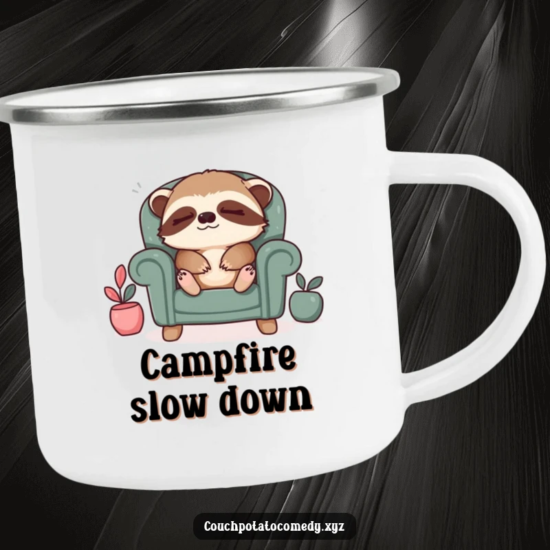 Funny sloth relaxation camping mug, a sleepy sloth sighing contentedly in a tiny armchair, perfect for outdoor relaxation.