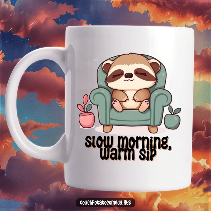 Funny sloth relaxation mug, showing a sleepy sloth blissfully sighing in a tiny armchair, embodying ultimate comfort and peace.