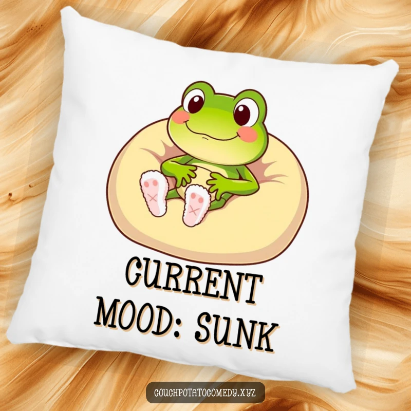 Funny frog character in fuzzy slippers sinking into a plush beanbag chair, decorative pillow.