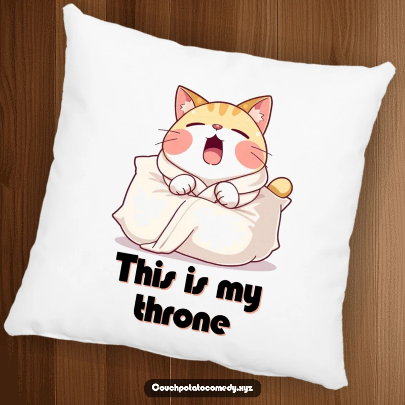 Funny pillow featuring a round cat in a comfy robe, yawning widely over a large pillow, soft and humorous home decor.