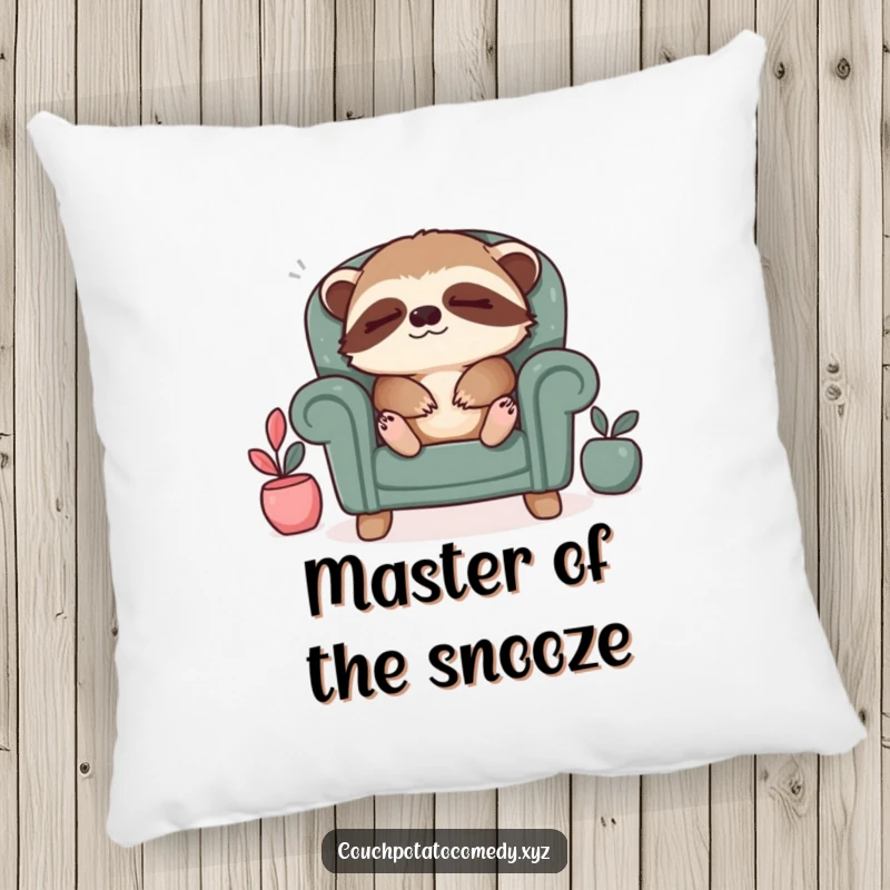 Funny sloth relaxation pillow, a sleepy sloth sighing contentedly in a tiny armchair, offering ultimate comfort and cozy decor.