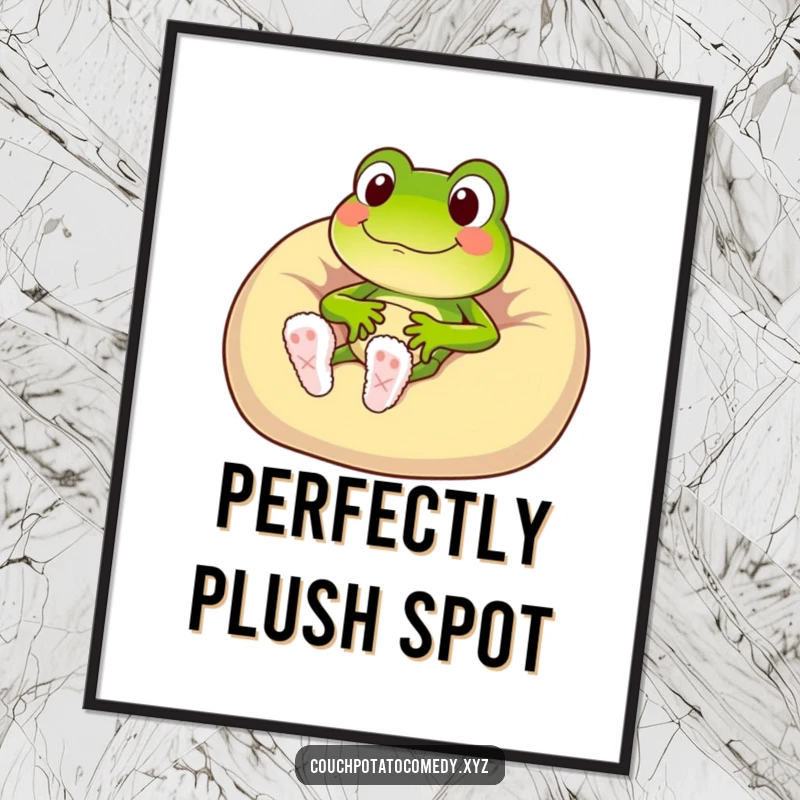 Funny frog character in fuzzy slippers sinking into a plush beanbag chair, digital art.