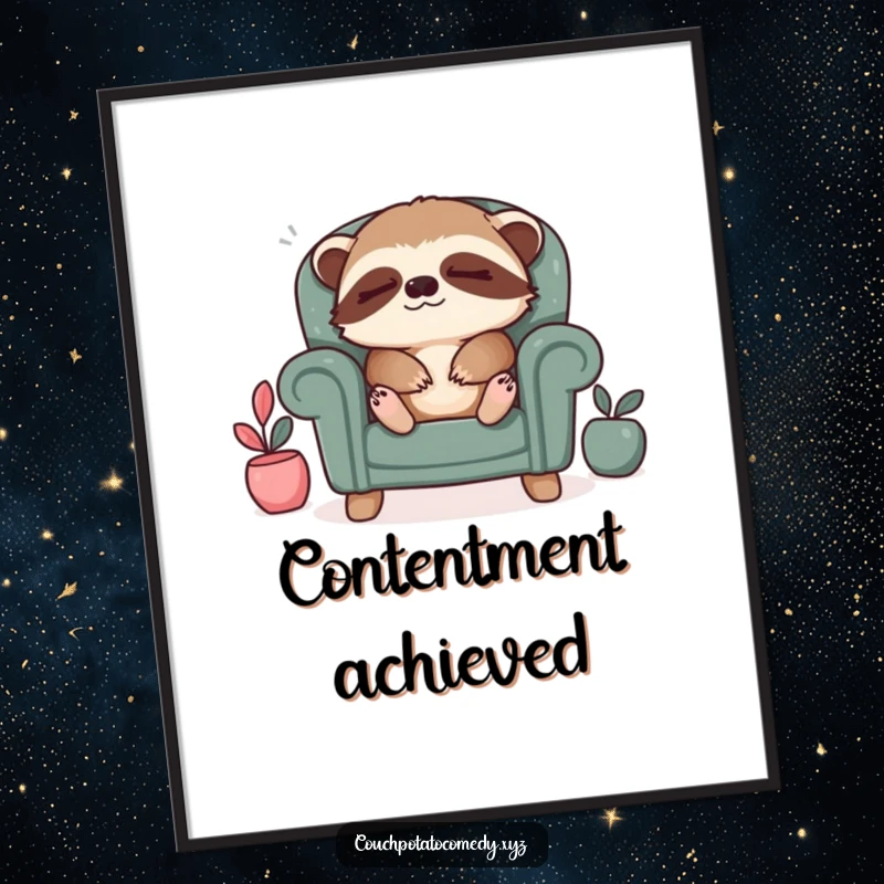 Funny sloth relaxation digital art print, a sleepy sloth sighing contentedly in a tiny armchair, embodying ultimate peace.