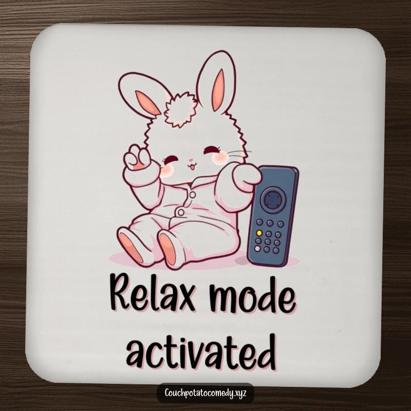 Funny drink coaster showing a fluffy bunny in oversized pajamas, lazily stretching a paw towards a remote, protecting furniture with humor.
