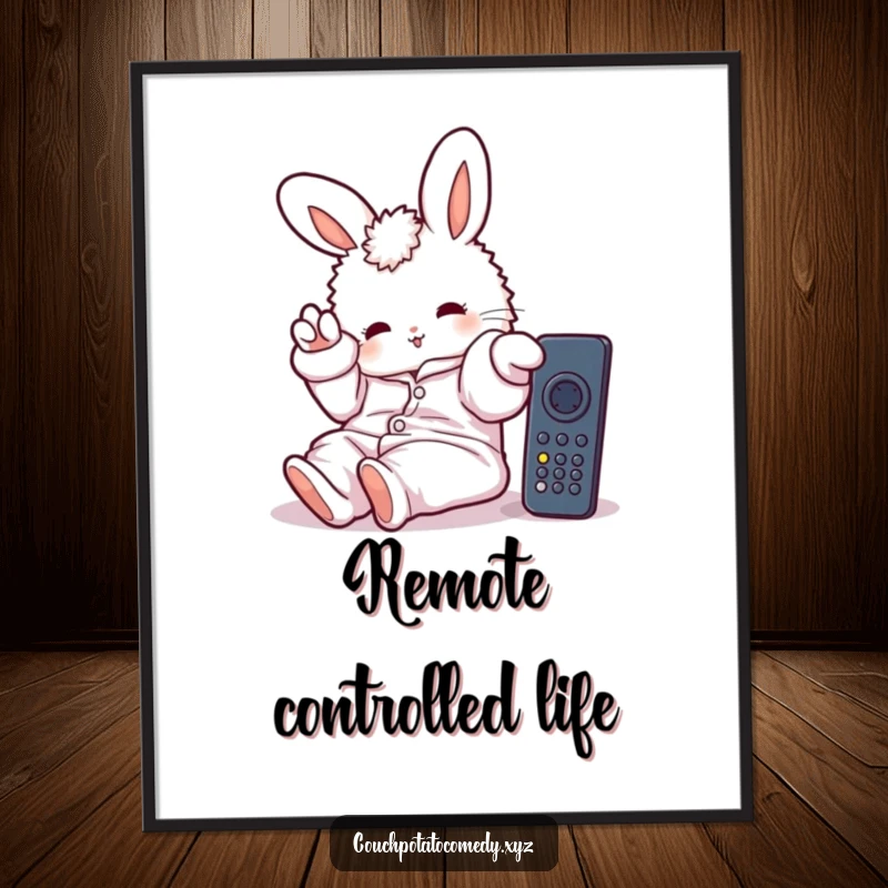 Funny poster art of a fluffy bunny in oversized pajamas, lazily stretching a paw towards a remote control, evoking comfort and relaxation.
