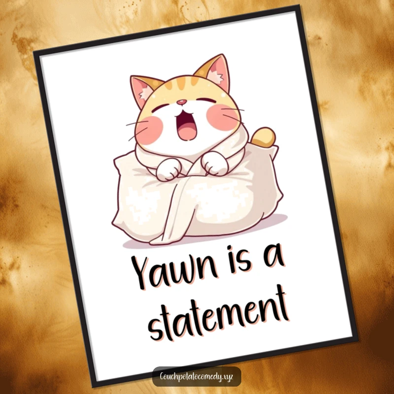 Funny poster art of a round cat in a comfy robe, yawning widely while draped over a large pillow, evoking peace and relaxation.