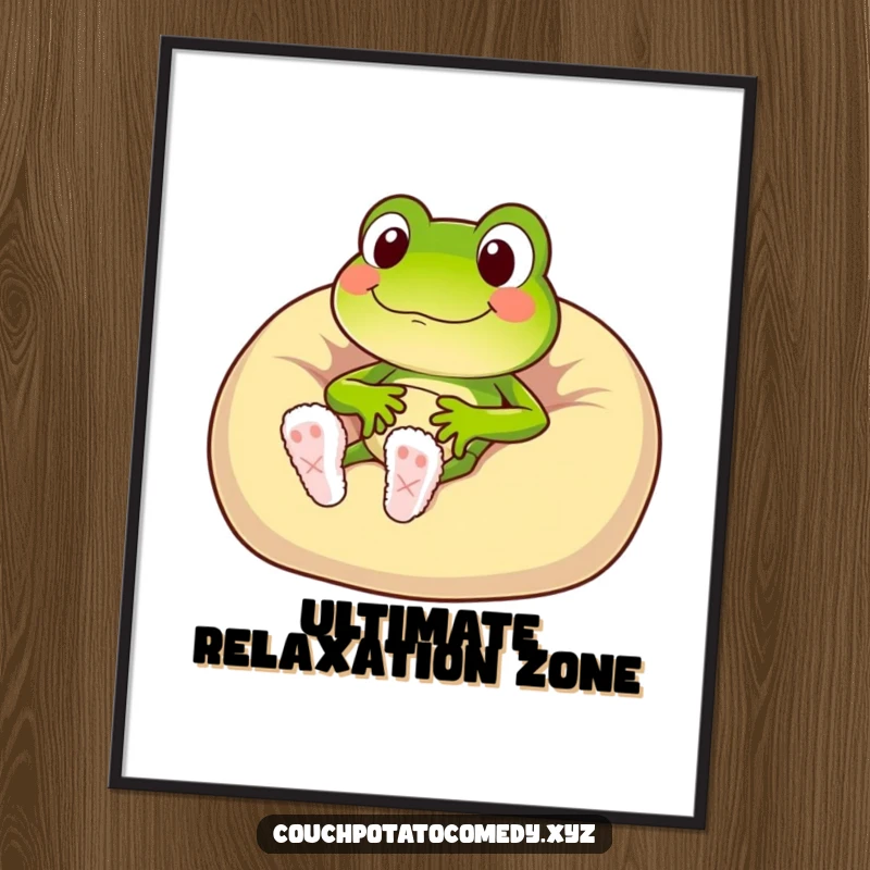 Funny frog character in fuzzy slippers sinking into a plush beanbag chair, wall art print.