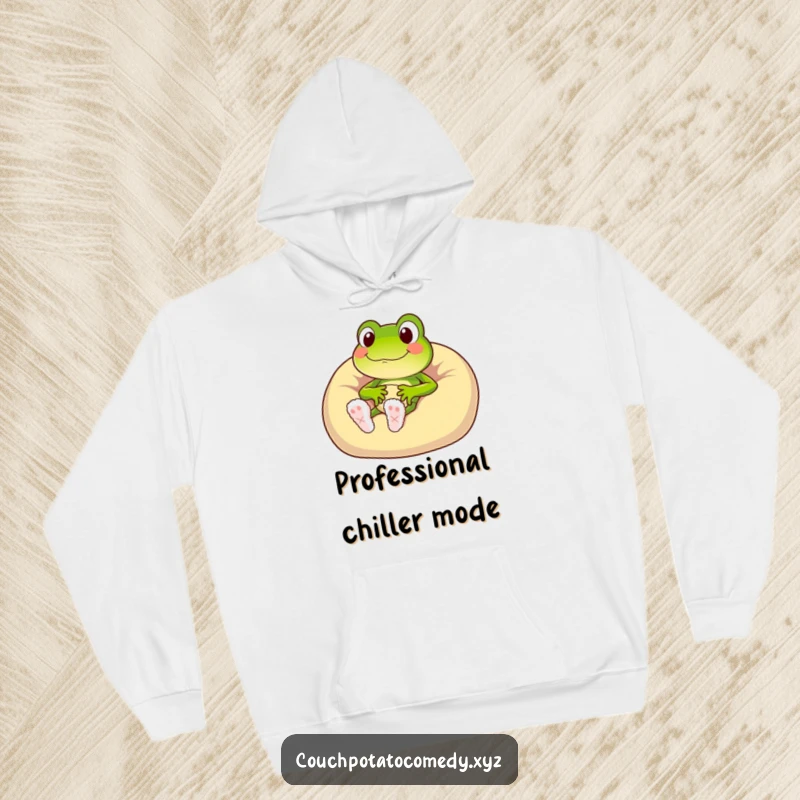 Funny frog character in fuzzy slippers sinking into a beanbag chair, cozy hoodie design.