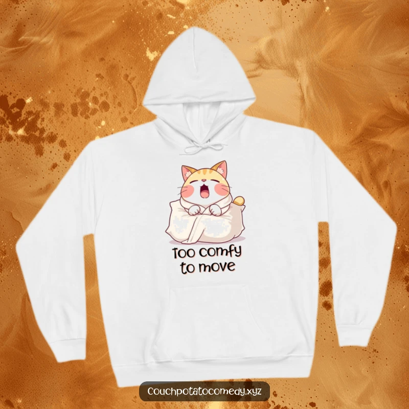 Funny hoodie with a round cat wearing a comfy robe, yawning widely while draped over a large pillow, embodying ultimate coziness.