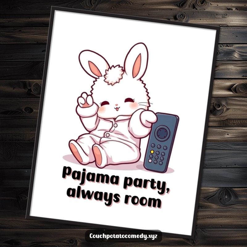 Funny Free Printable Wall Art: Fluffy bunny character in oversized pajamas, lazily stretching a paw towards a TV remote.