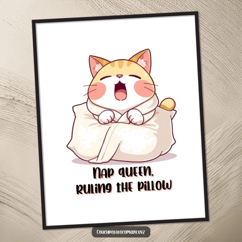 Funny Free Printable Wall Art: Round cat character in a comfy robe, yawning widely while draped over a large pillow.