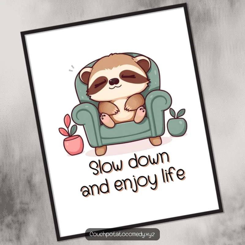 Funny Free Printable Wall Art: Sleepy sloth in a tiny armchair sighing contentedly, creating a cozy and humorous atmosphere.