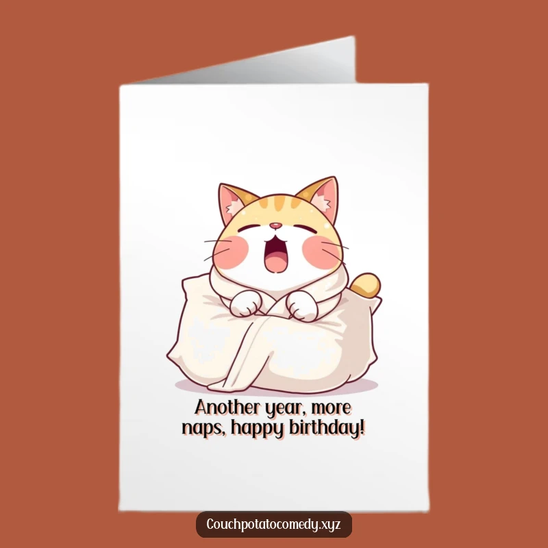 Free Printable Birthday Card: Yawning Cat in Robe, Funny Birthday Relaxation Downloadable