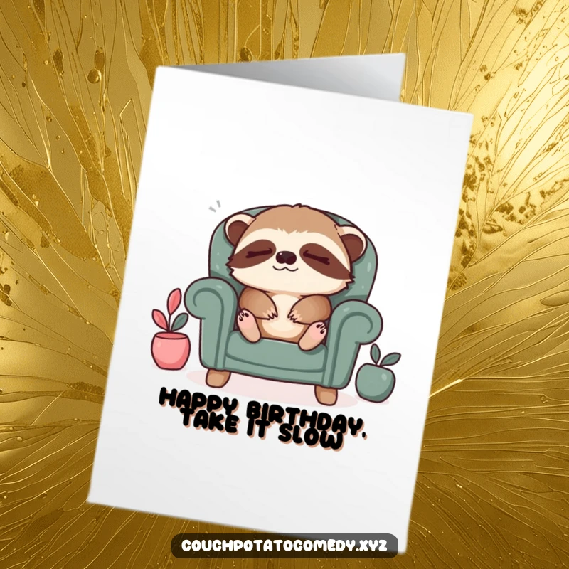 Funny Free Printable Birthday Card: Sleepy sloth in a tiny armchair sighing contentedly, wishing a very relaxed birthday.