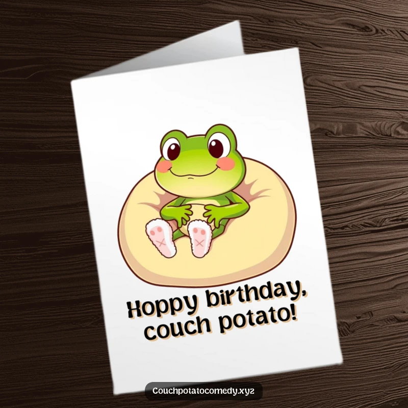 Funny Free Printable Birthday Card: Cheerful frog in fuzzy slippers sinking into a beanbag, exuding ultimate relaxation and birthday joy.