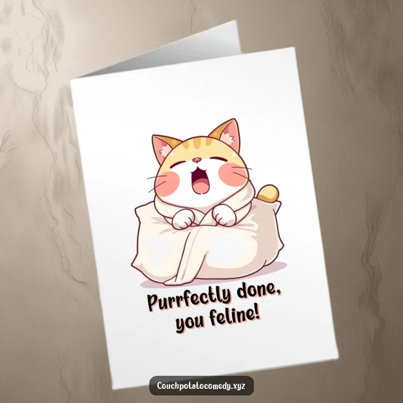 Funny Free Printable Congrats Card: Round cat character in a comfy robe, yawning widely over a pillow.