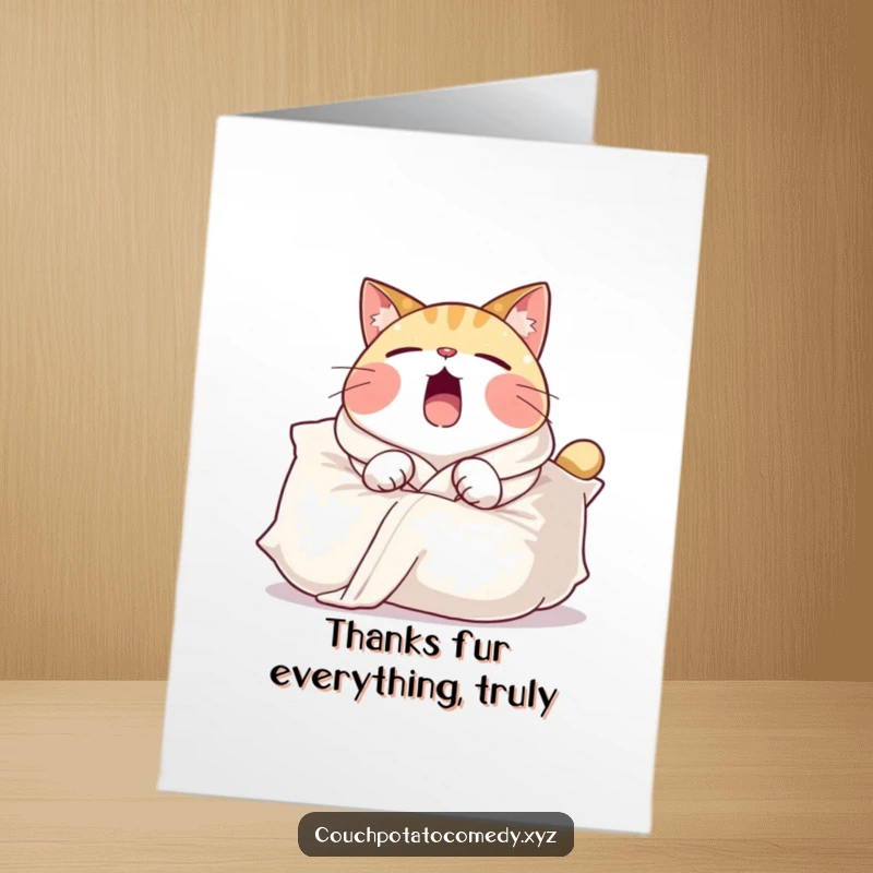 Funny Free Printable Thank You Card: Round cat character in robe yawning widely over a pillow, thanking you.