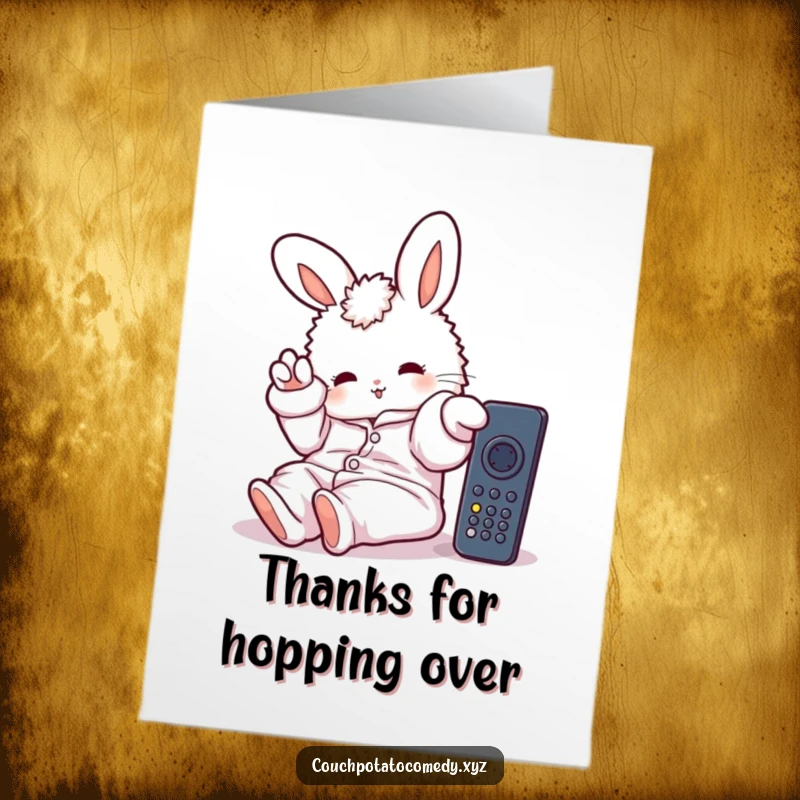 Funny Free Printable Thank You Card: Lazy bunny character in pajamas reaching for a remote, a symbol of thanks.